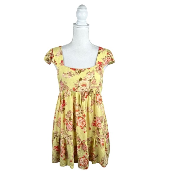 BOG Collective Yellow Pink Floral Flowy Boho Cottagecore Romantic Mini Dress L - Picture 1 of 5